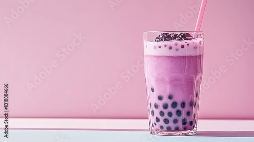Obraz na płótnie A glass of bubble tea with a deep purple color and tapioca pearls, resting on a pastel-colored table with ample space for event text or branding. w salonie