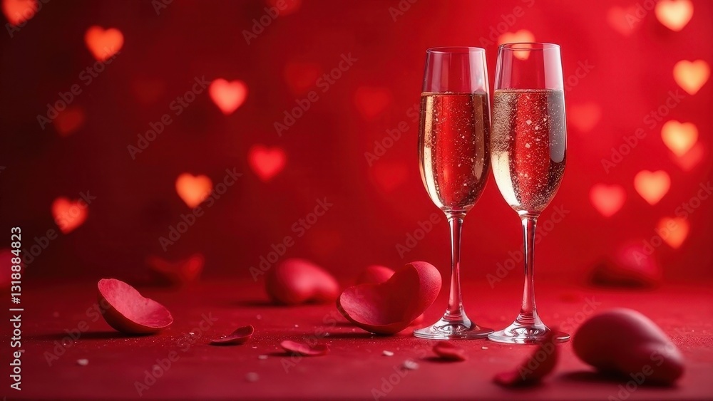 Romantic Celebration Two Sparkling Champagne Flutes Amidst Red Hearts and Petals Romantic Celebration Two Sparkling Champagne Flutes Amidst Red Hearts and Petals
