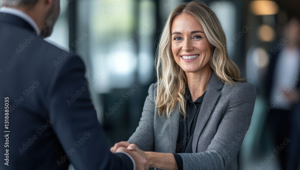Obraz premium A professional woman smiling while shaking hands with a man in a business setting, with blurred colleagues in the background engaged in discussions