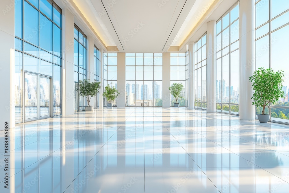 Fototapeta premium Stylish modern empty conference hall with large windows and city skyline view