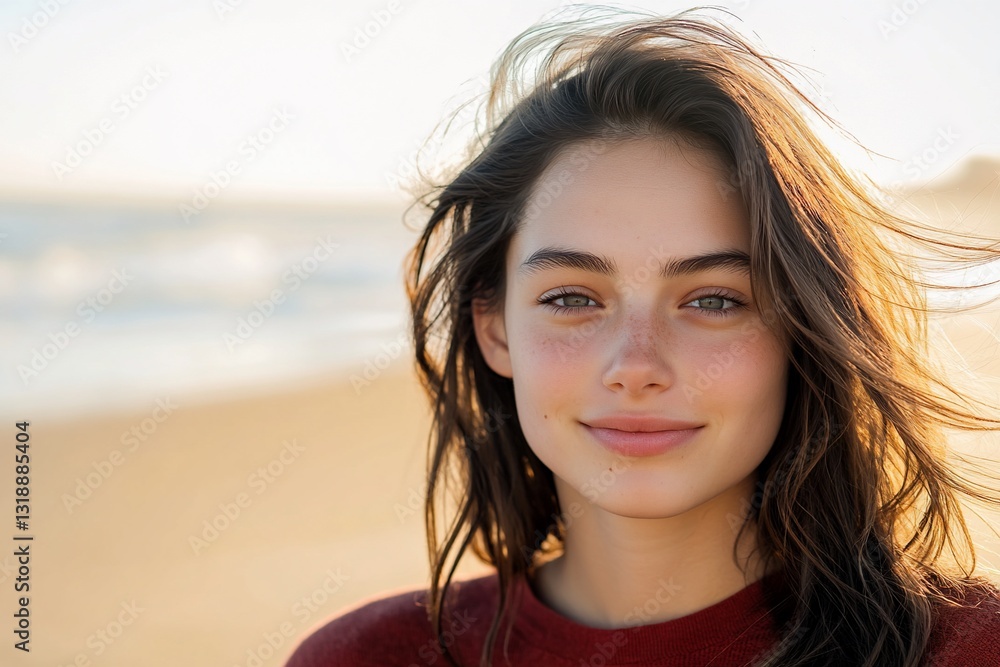 Woman smiles during sunset walk at ocean beach for travel or lifestyle ad Woman smiles during sunset walk at ocean beach for travel or lifestyle ad