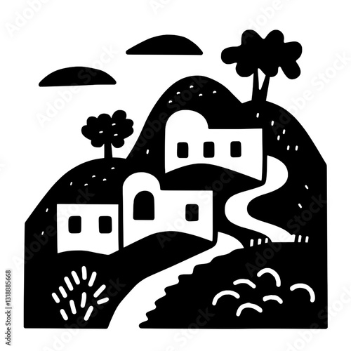 Charming hillside village with winding path and stylized trees in a minimalist vector design style