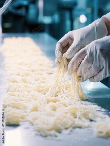 Working in an industrial food production facility, a worker is operating machinery to process large quantities of noodles on a conveyor belt.
