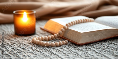 Wallpaper Mural A serene scene featuring an open book, a candle, and a prayer bead necklace resting on a textured surface, evoking peace and contemplation. Ramadan kareem concept. Torontodigital.ca