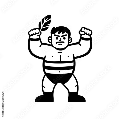 Strong wrestler with powerful stance raises feather in celebration, showcasing bravery and tradition in artful vector design