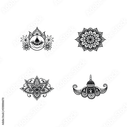 A set of mehndi design silhouette vector isolated on white background