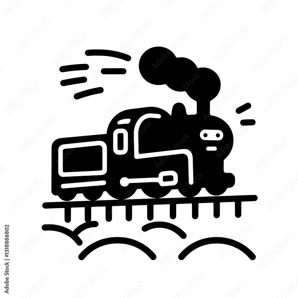 Classic steam locomotive chugging along the railway, surrounded by waves on a bright, sunny day Classic steam locomotive chugging along the railway, surrounded by waves on a bright, sunny day