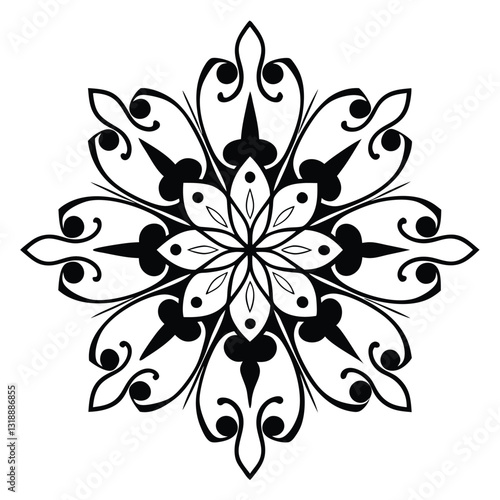 
A minimalist mandala with a central circular motif,
 surrounded by concentric layers of simplistic shapes like squares, triangles,
 and petals. The black line art is clean and bold,
 standing against