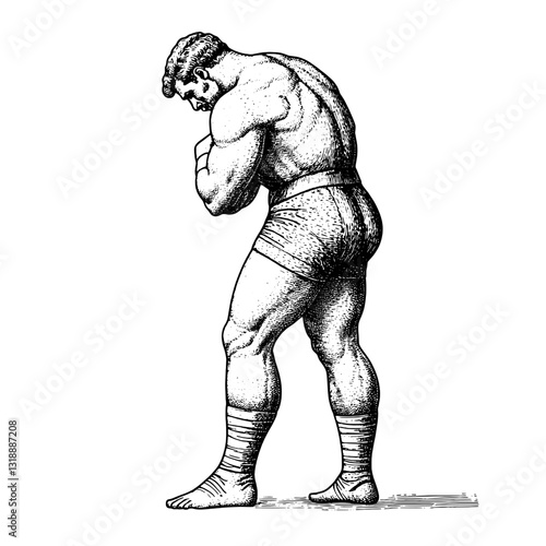 Classic vintage illustration of a muscular athlete preparing for a strongman competition on a sunny day in a historic arena