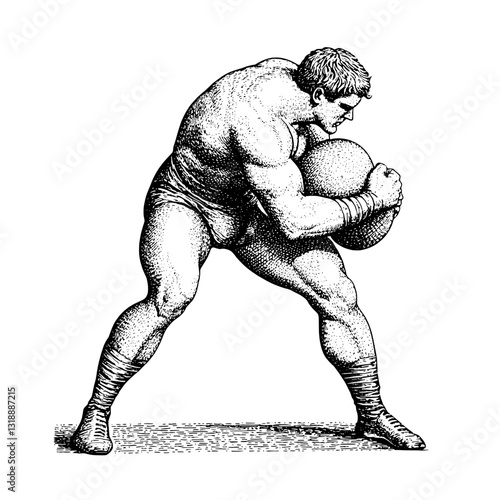 Strongman lifting a heavy ball showcasing power and determination in a vintage style vector illustration