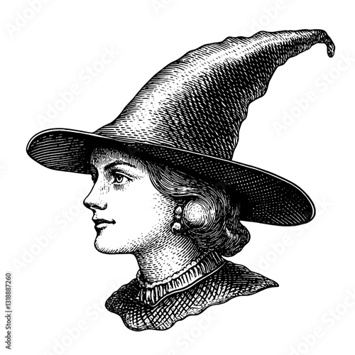 Enigmatic witch with a tall, pointed hat showcasing vintage artistry and mystical charm in a captivating line drawing style
