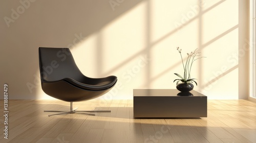A modern recliner chair with adjustable backrest, sitting next to a sleek coffee table in a clean, minimalist room.
