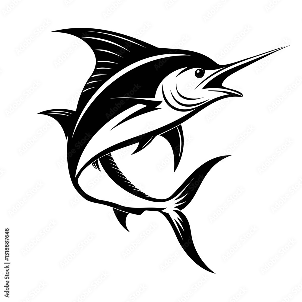 Fototapeta premium Black Marlin Fish Silhouette Vector – Isolated Jumping Fish Design on Transparent Background With PNG