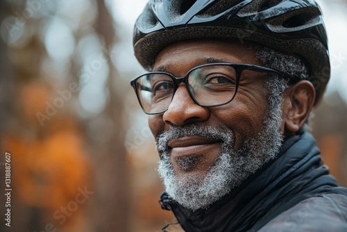 Smiling cyclist enjoys a peaceful ride in the autumn forest during a cool evening