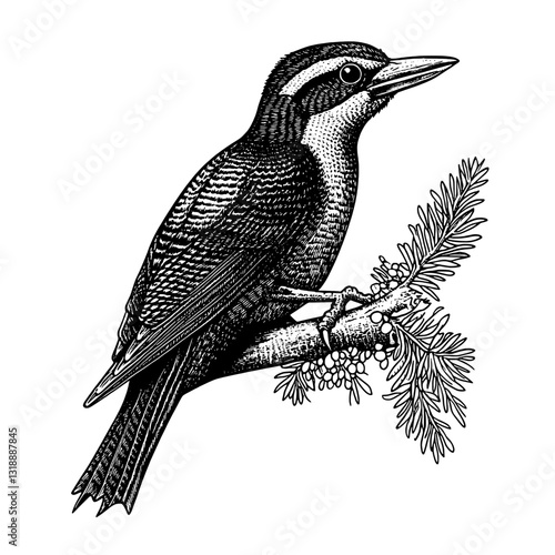 Detailed illustration of a woodpecker perched on a pine branch in a serene natural setting during early morning hours