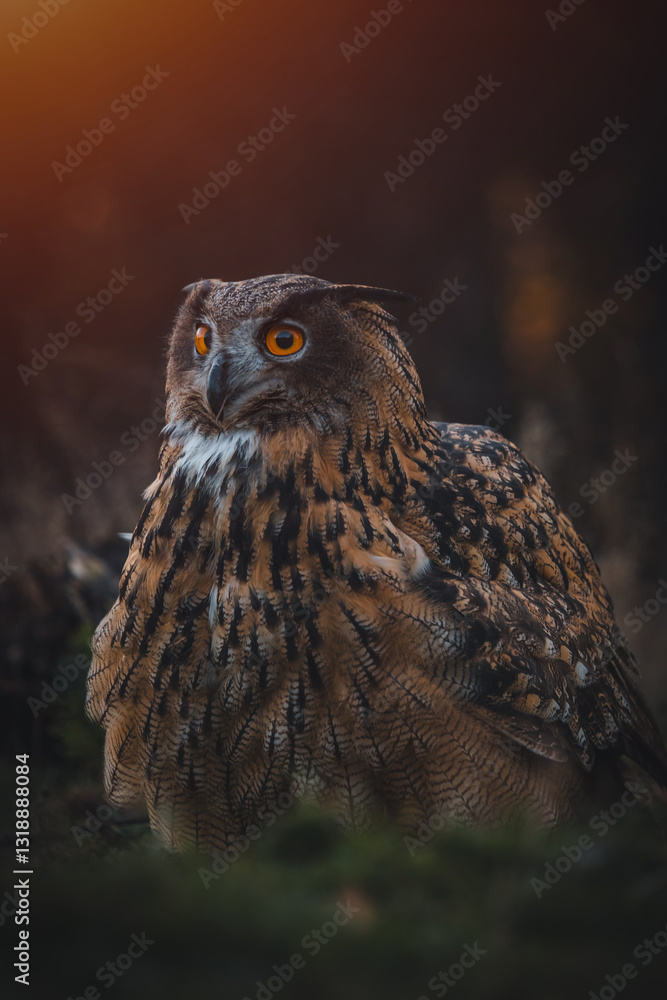 Fototapeta premium Eurasian eagle-owl (Bubo Bubo) in forest by autumn sunset. Eurasian eagle owl sitting on ground. Owl portrait.
