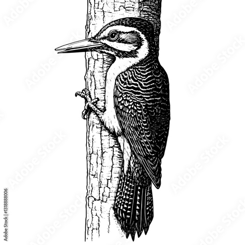 Woodpecker delicately clinging to a tree trunk, showcasing intricate feather patterns and natural charm