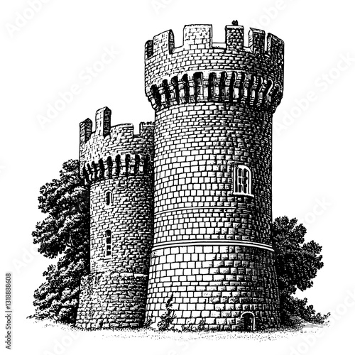 Impressive medieval castle with twin towers surrounded by lush trees showcasing architectural grandeur and history