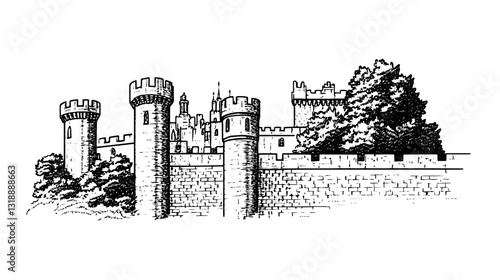 Historic castle stands majestically with towers and trees under a clear sky, symbolizing timeless strength and beauty