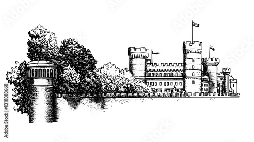 Majestic castle standing tall amidst lush trees, illustrating a timeless story from the past in a detailed vector design