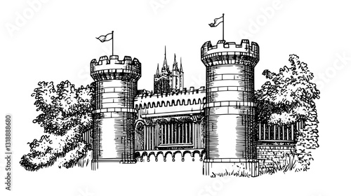 Majestic castle surrounded by lush trees and historical architecture in a whimsical style