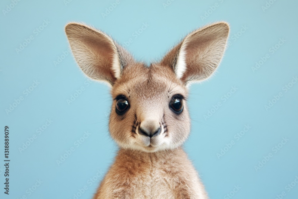 Cute kangaroo joey with large eyes and fluffy ears against a light blue background