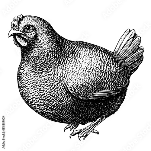 Detailed illustration of a plump chicken standing elegantly in a rustic farmyard setting