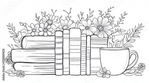 Books, flowers, coffee cup; peaceful reading nook, coloring page