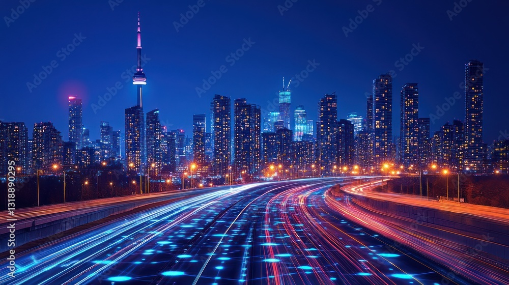 Fototapeta premium Futuristic city highway at night