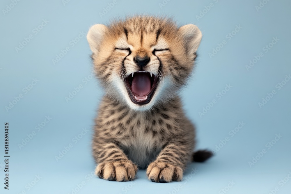Obraz premium Cheetah cub playfully yawning against a light blue background in a studio setting