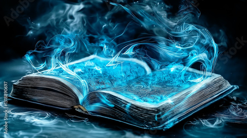 An ancient book radiates blue magical energy, with glowing symbols and swirling mist rising from its pages. The ethereal light creates a powerful and mysterious atmosphere.