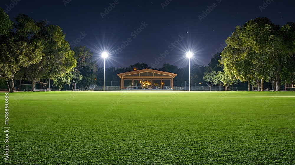 Naklejka premium A tranquil view of an empty music festival venue at night, with a brightly lit stage and an open field perfect for adding text or promotional information.