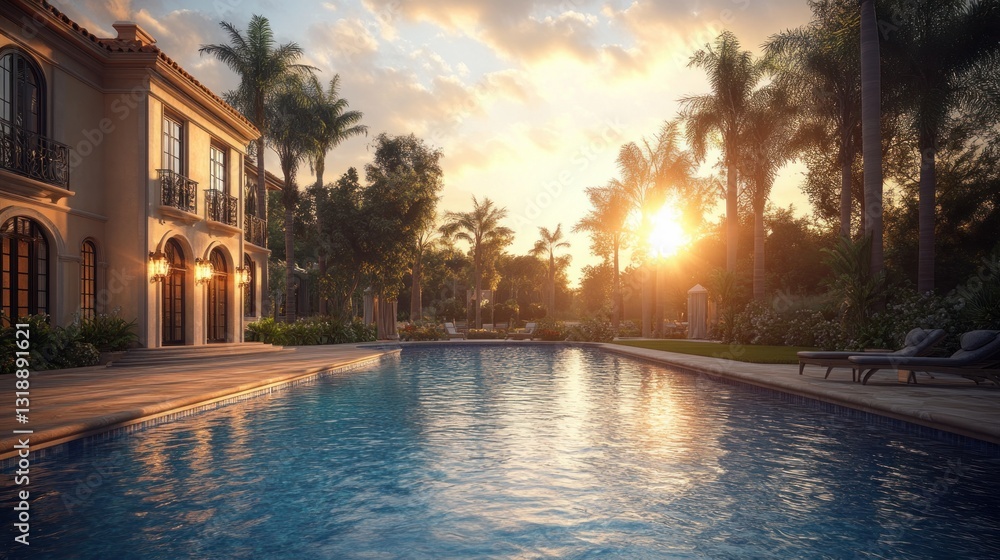 Fototapeta premium Sunset view of Mediterranean mansion poolside oasis