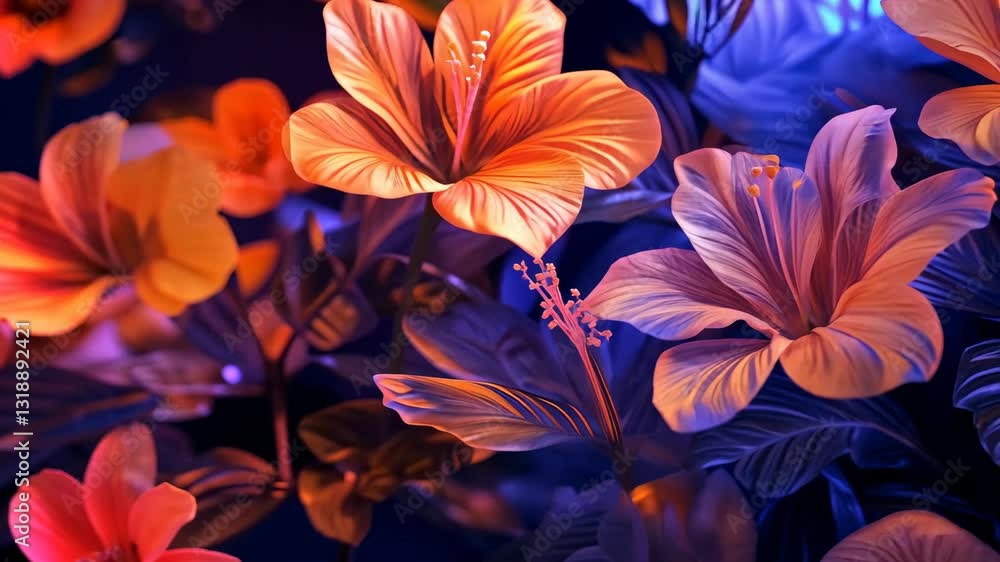 Vibrant tropical flowers illuminated by colorful lights in a dark setting during evening hours Vibrant tropical flowers illuminated by colorful lights in a dark setting during evening hours