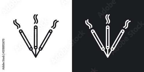 Burning incense stick icons set in black and white stroke lines