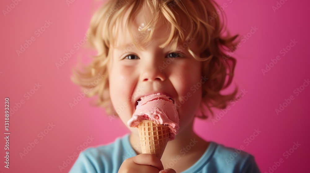A young boy with curly blonde hair laughs with joy while eating a pink ice cream cone. A young boy with curly blonde hair laughs with joy while eating a pink ice cream cone.