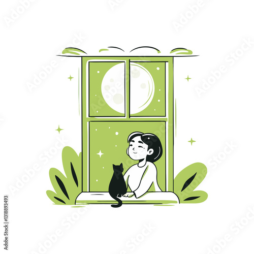 Vector stylized illustration of a woman sitting by a window with her black cat, gazing at the full moon. Modern, peaceful, and contemplative design.