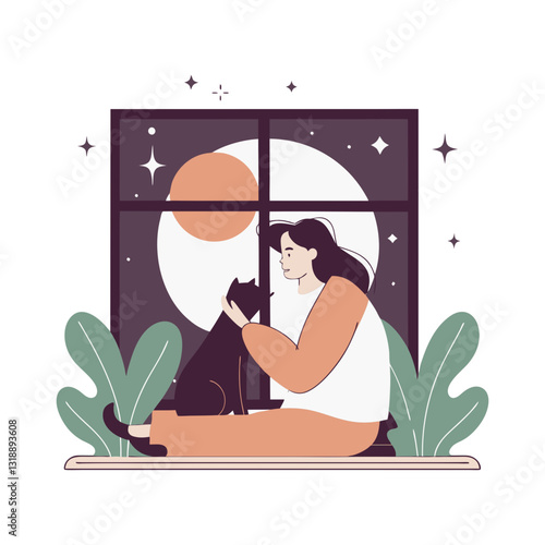 Vector stylized illustration of a woman sitting by a window with her cat, gazing at the moonlit night sky. Modern, peaceful, and contemplative design.