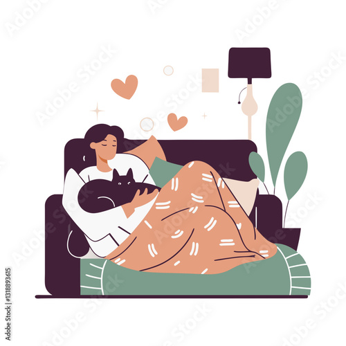 Vector stylized illustration of a woman cuddling her black cat while relaxing on a cozy sofa with a warm blanket. Modern, comforting, and peaceful design.