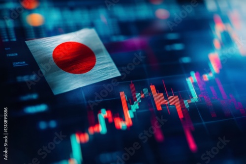 Japanese flag with stock market chart symbolizing the economy