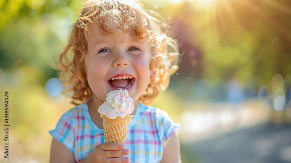 A young boy with curly hair laughs while eating an ice cream cone. A young boy with curly hair laughs while eating an ice cream cone.