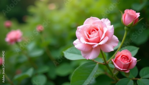 Delicate pink roses and lush green foliage in a vintage garden setting, vintage, garden, green