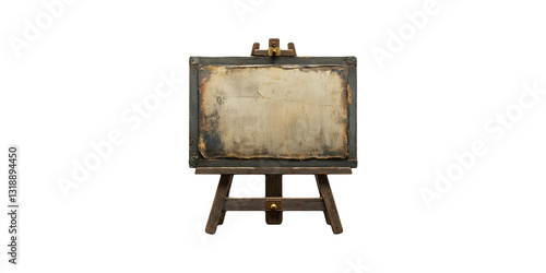 Old wooden easel with blank canvas isolated on transparent background