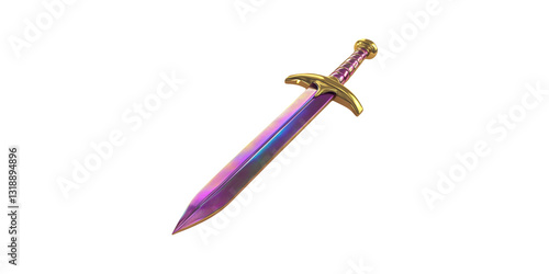 Iridescent medieval sword with gold hilt isolated on transparent background