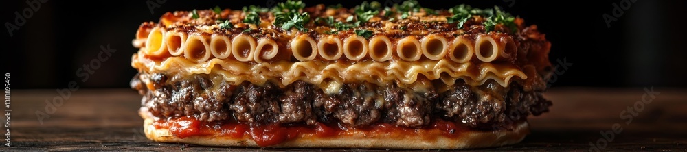 Lasagna Burger with Noodles and Beef Layers. Generative AI Lasagna Burger with Noodles and Beef Layers. Generative AI
