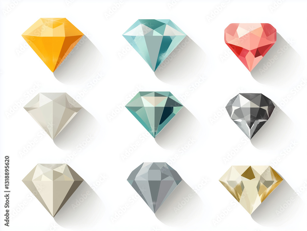 Icônes de diamants en flat design sur fond blanc Icônes de diamants en flat design sur fond blanc