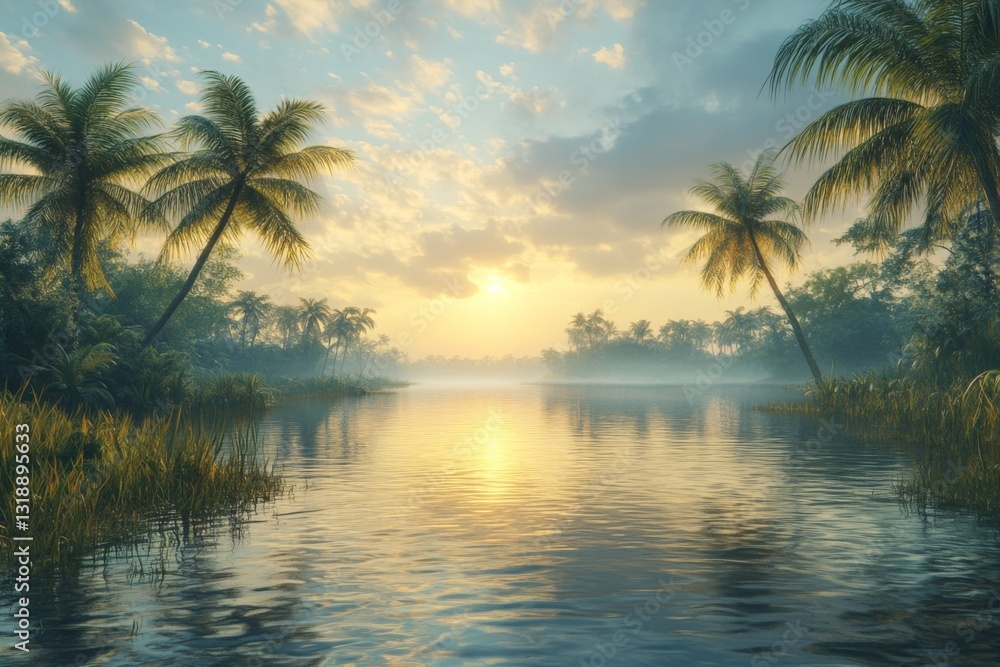 Obraz premium Serene sunrise over tranquil waters with palm trees reflecting in the calm lagoon