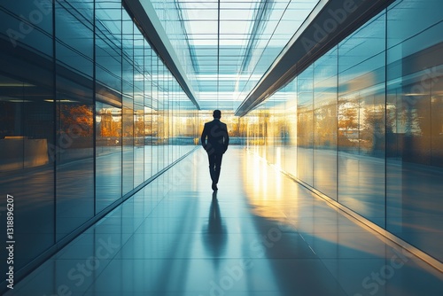 Businessman walks through modern corridor at sunset in urban office building