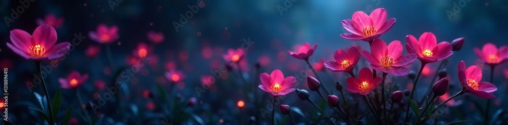 Fototapeta premium Glowing flowers in a dimly lit room, creating a mysterious and enchanting atmosphere, surreal, mysterious, petals