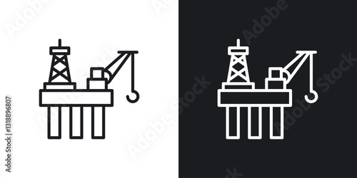 Oil platform icons set in black and white stroke lines